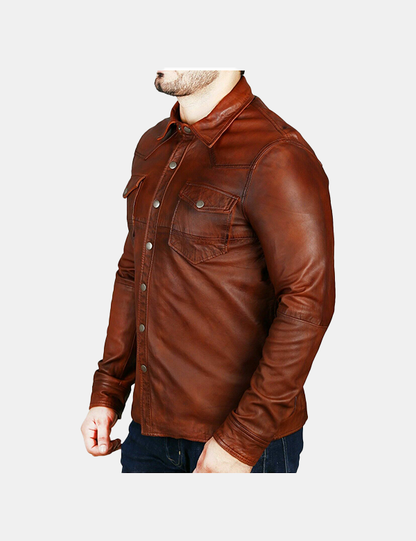 Mens Trucker Slim Fit Brown Leather Shirt