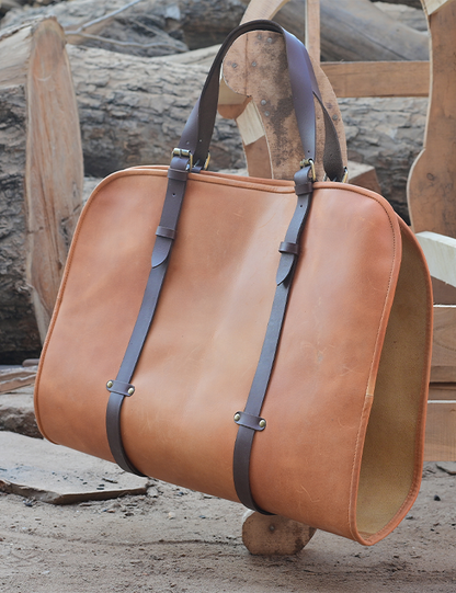 Leather Log Carrier Handmade Firewood Tote Bag