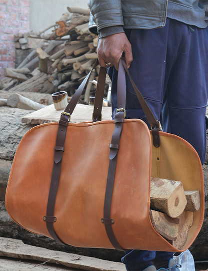 Leather Log Carrier Handmade Firewood Tote Bag