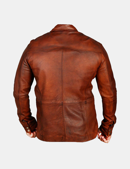 Mens Trucker Slim Fit Brown Leather Shirt