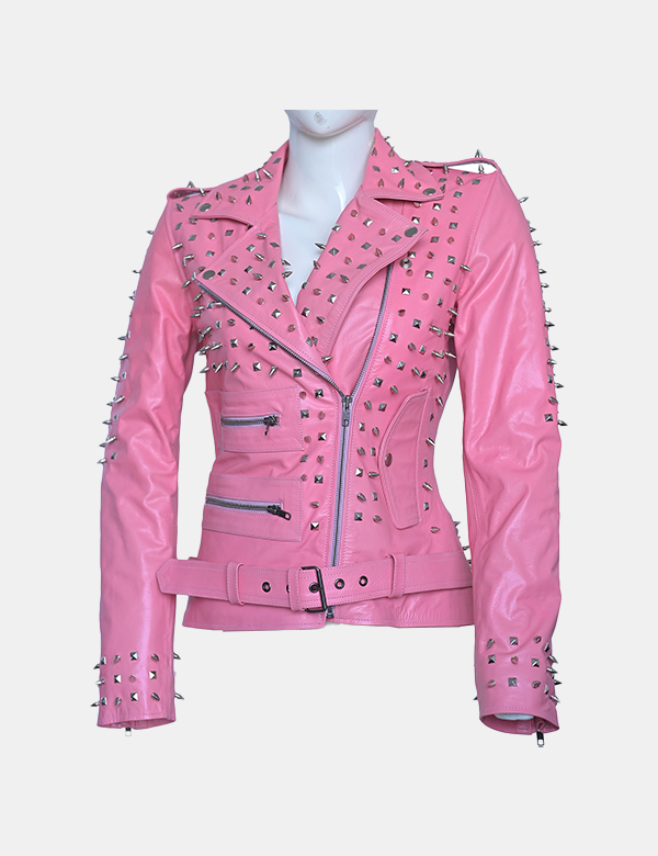 New women's Studded Pink Leather Jacket