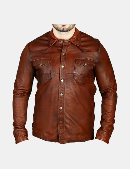 Mens Trucker Slim Fit Brown Leather Shirt
