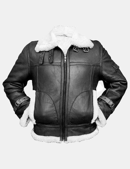 Men RAF Aviator Black Leather Jacket white faux