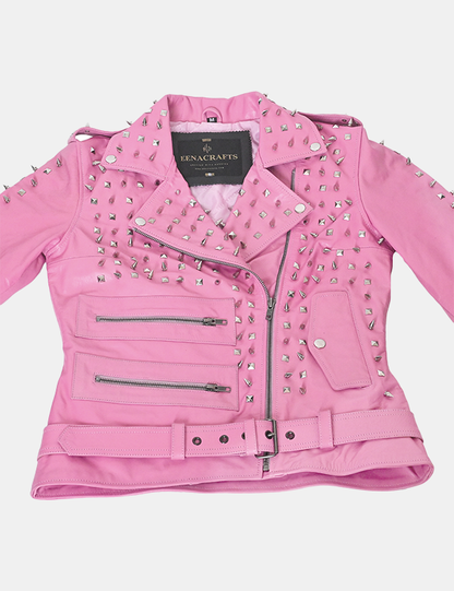 New women's Studded Pink Leather Jacket