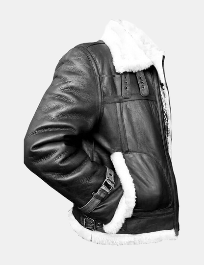 Men RAF Aviator Black Leather Jacket white faux