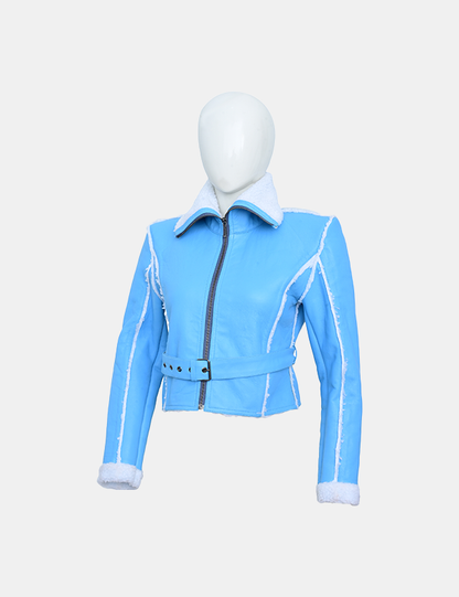 New Women Blue Leather faux fur Jacket