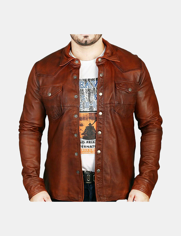 Mens Trucker Slim Fit Brown Leather Shirt