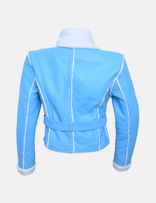 New Women Blue Leather faux fur Jacket
