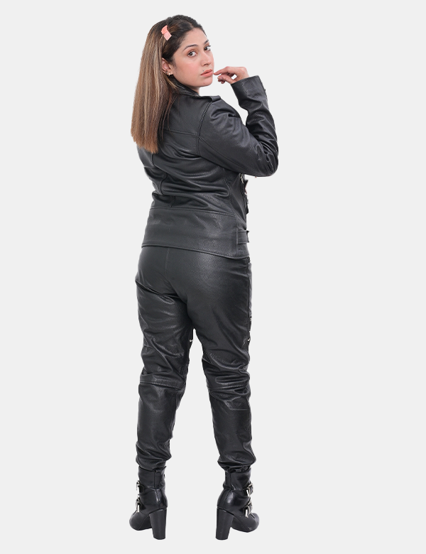 Women's Black Leather Jacket and Pants Set with Studs