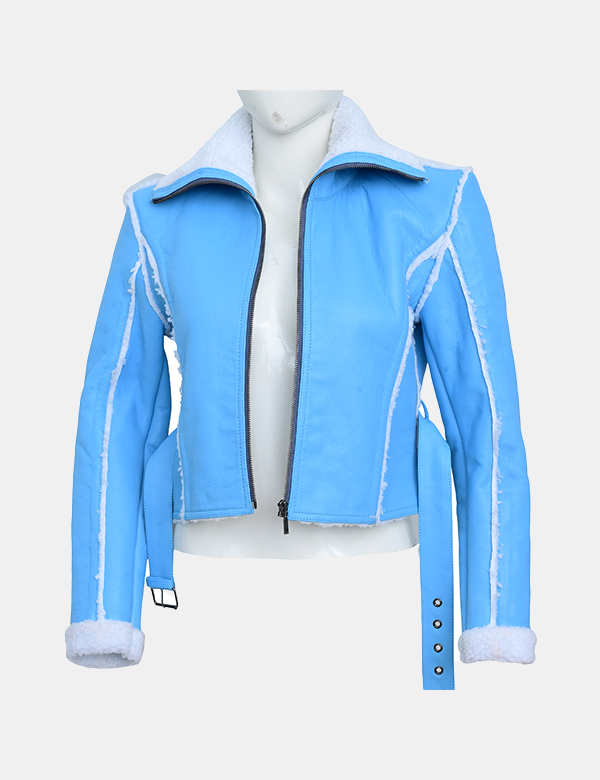 New Women Blue Leather faux fur Jacket