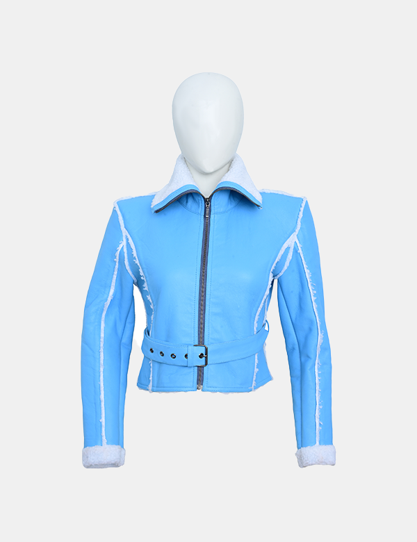 New Women Blue Leather faux fur Jacket