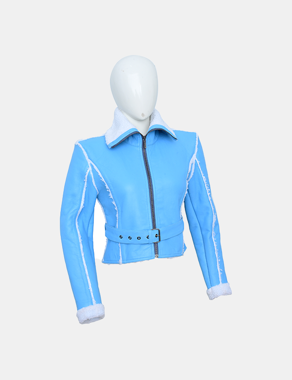 New Women Blue Leather faux fur Jacket