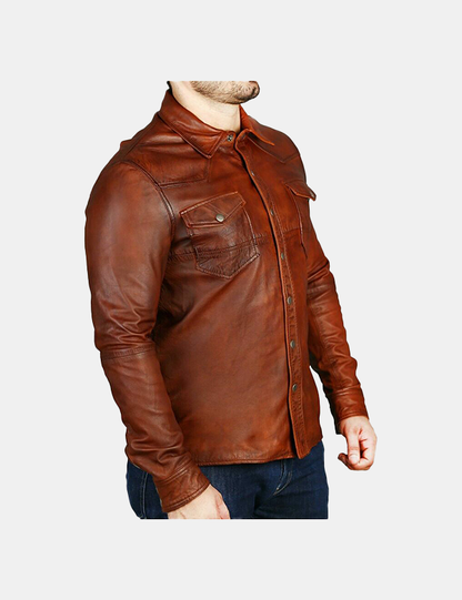 Mens Trucker Slim Fit Brown Leather Shirt
