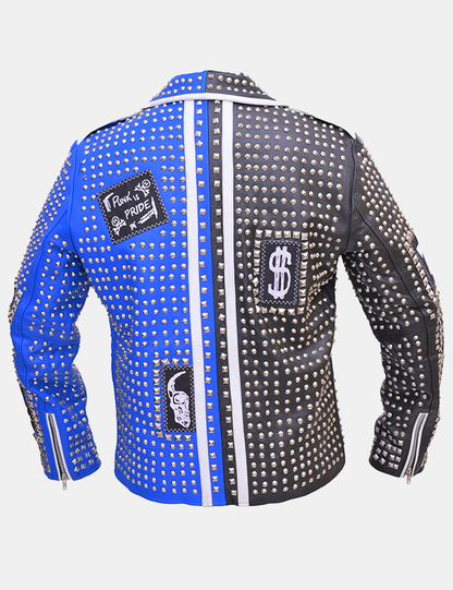 Men's Blue Punk Jacket Black Studded Biker Jacket-Leather