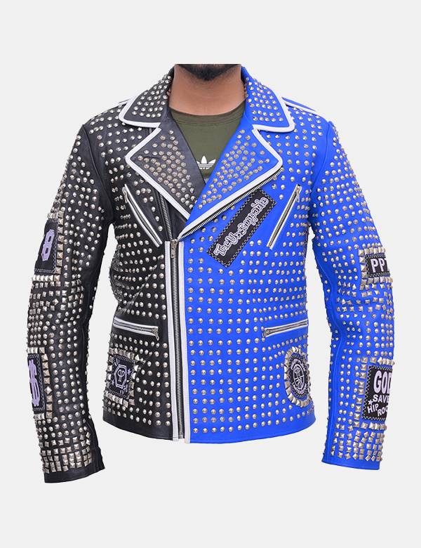 Men's Blue Punk Jacket Black Studded Biker Jacket-Leather