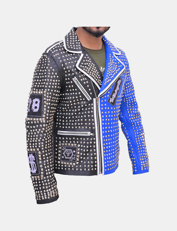 Men's Blue Punk Jacket Black Studded Biker Jacket-Leather