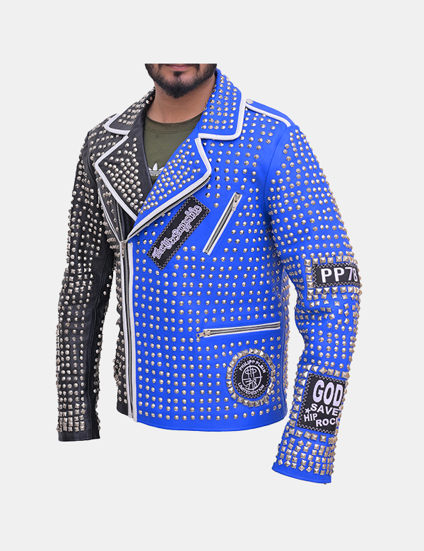 Men's Blue Punk Jacket Black Studded Biker Jacket-Leather