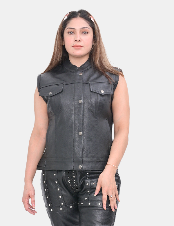 Women Real Cowhide Leather Black Biker Vest