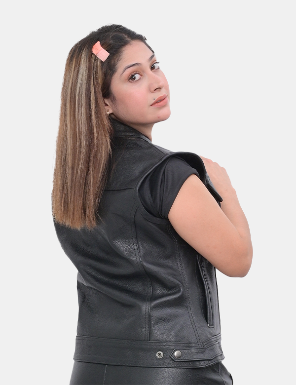 Women Real Cowhide Leather Black Biker Vest