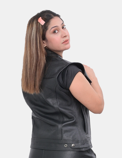 Women Real Cowhide Leather Black Biker Vest