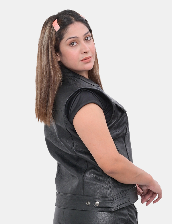 Women Real Cowhide Leather Black Biker Vest
