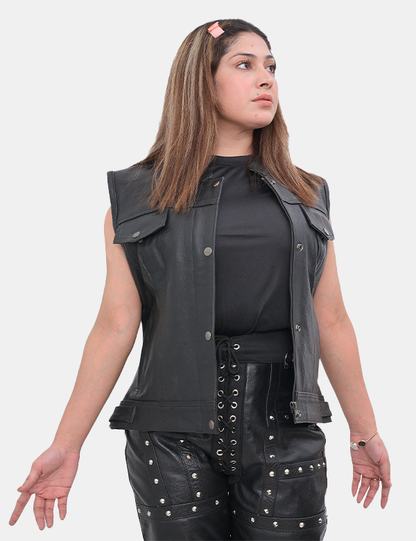Women Real Cowhide Leather Black Biker Vest