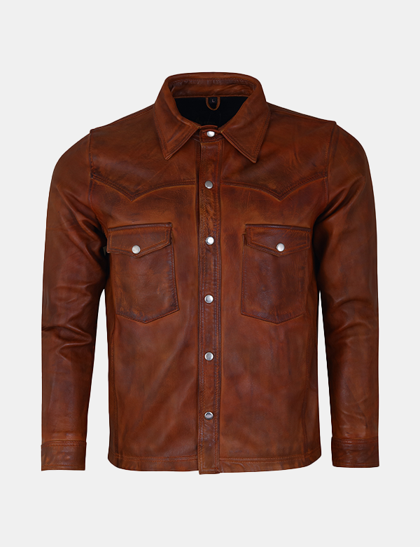 Men Trucker Slim Fit Brown Leather Shirt
