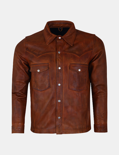 Men Trucker Slim Fit Brown Leather Shirt