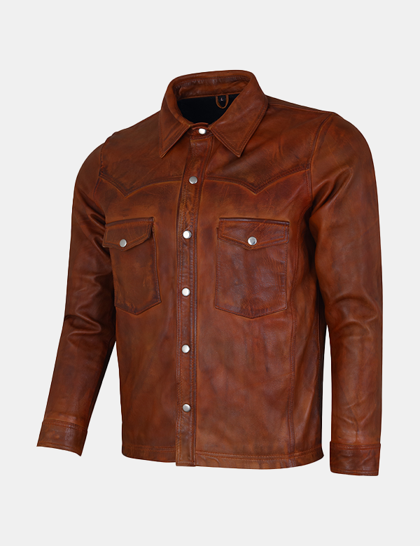 Men Trucker Slim Fit Brown Leather Shirt
