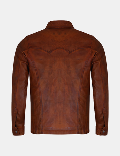 Men Trucker Slim Fit Brown Leather Shirt