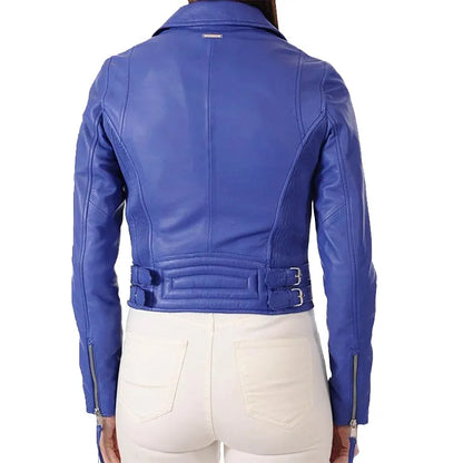 Blue leather jacket worn by a person on a white background