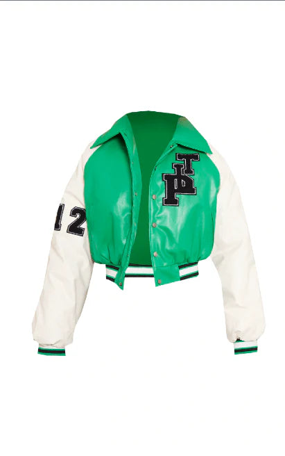 Green and white varsity jacket with lettering on a white background