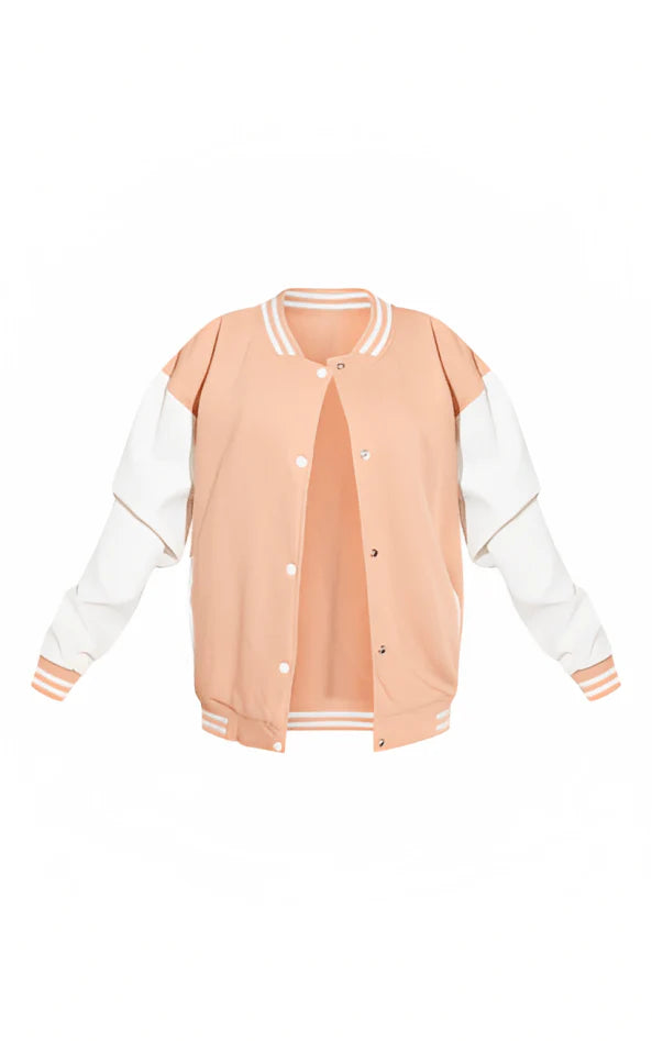 Varsity jacket with peach and white design on a white background
