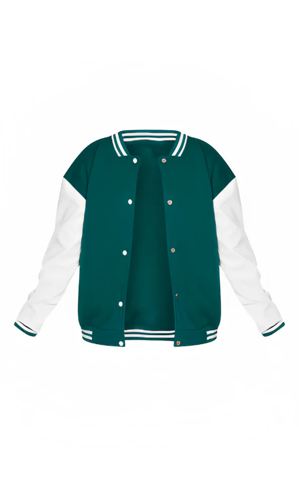 Green and white varsity jacket on a white background