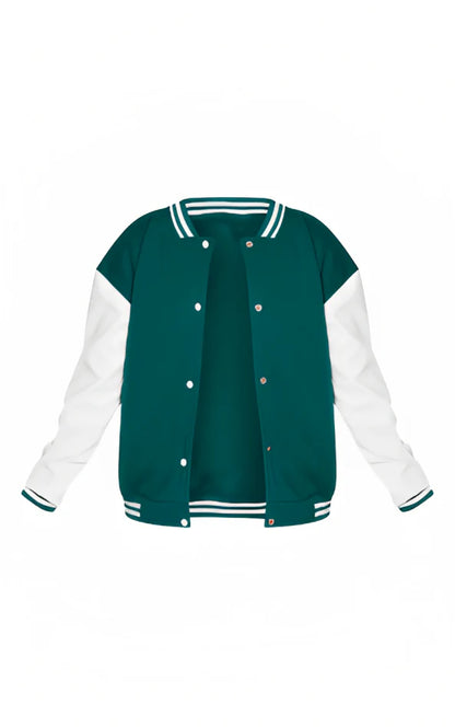 Green and white varsity jacket on a white background