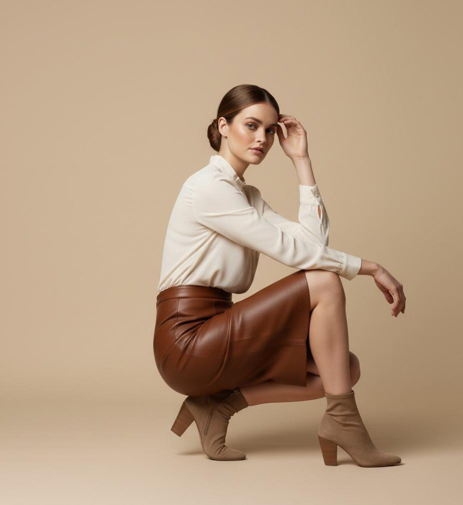 Woman wearing a white blouse, brown leather skirt, and beige boots on a beige background