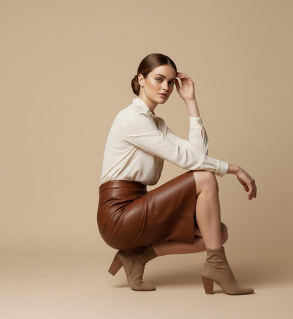 Woman wearing a white blouse, brown leather skirt, and beige boots on a beige background