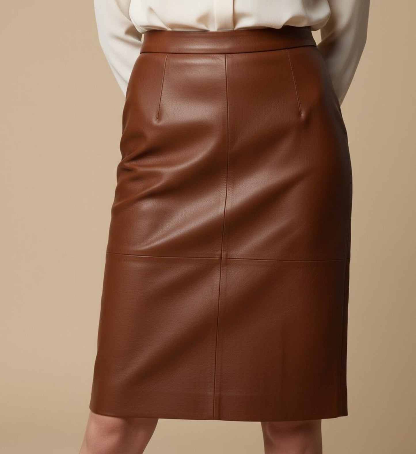 Brown leather skirt worn by a person on a beige background