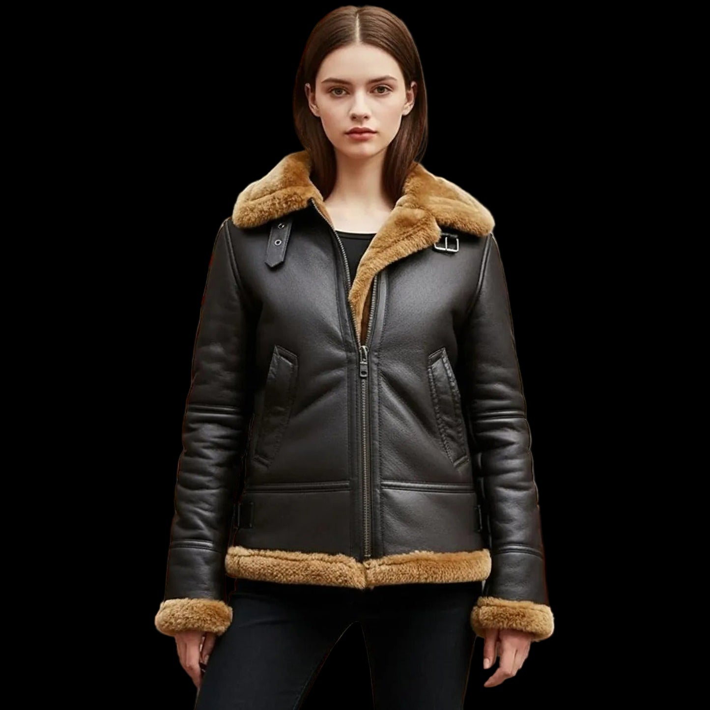 Woman wearing a black leather jacket with fur trim in a vintage cafe setting