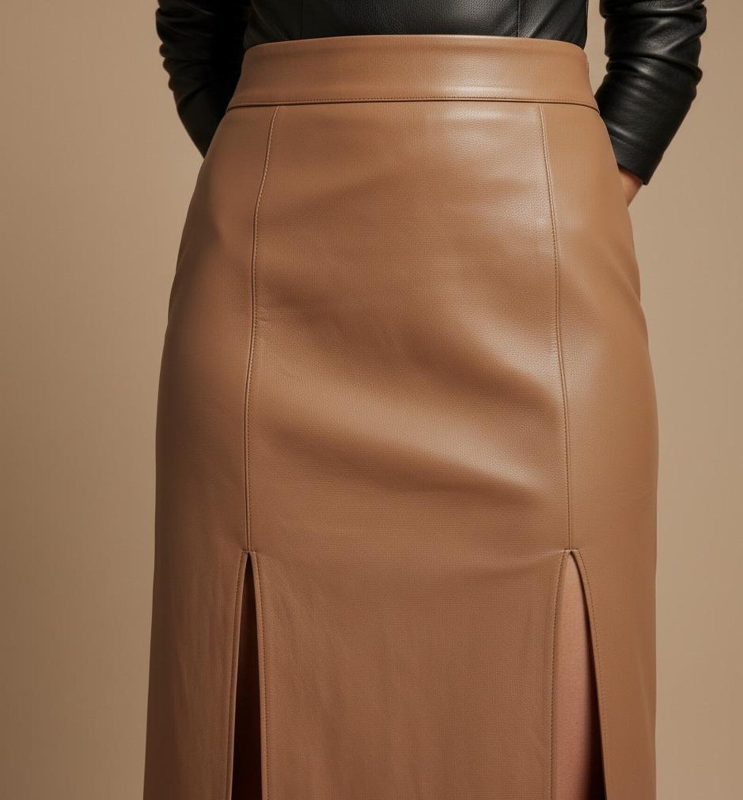 Brown leather skirt worn by a person on a beige background
