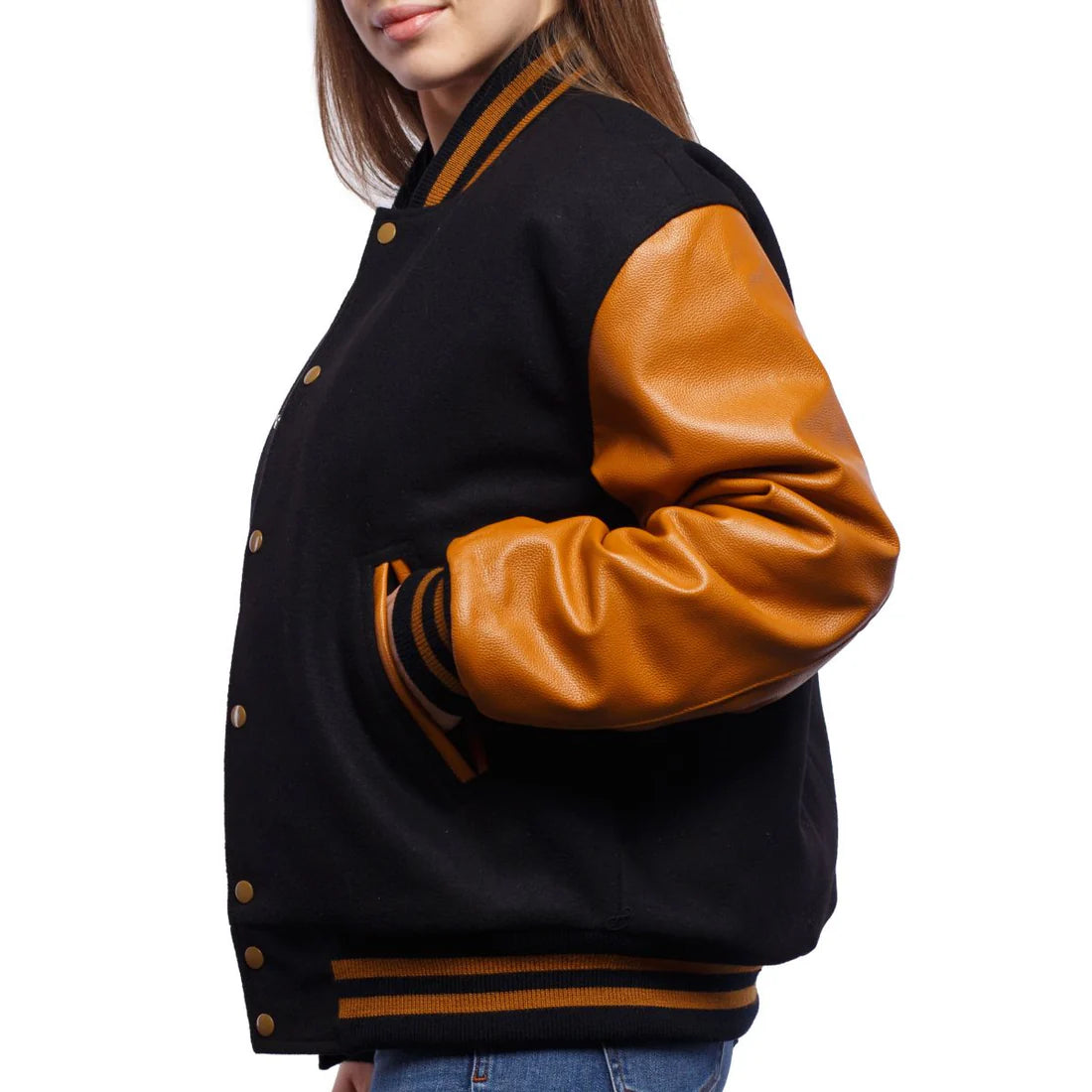Black and brown varsity jacket on a white background