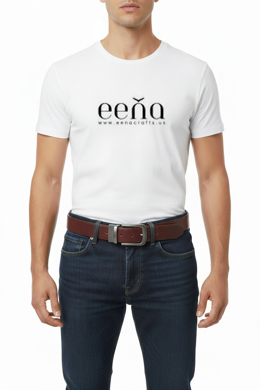 Close-up Model with Small Eena Logo and Brown Belt