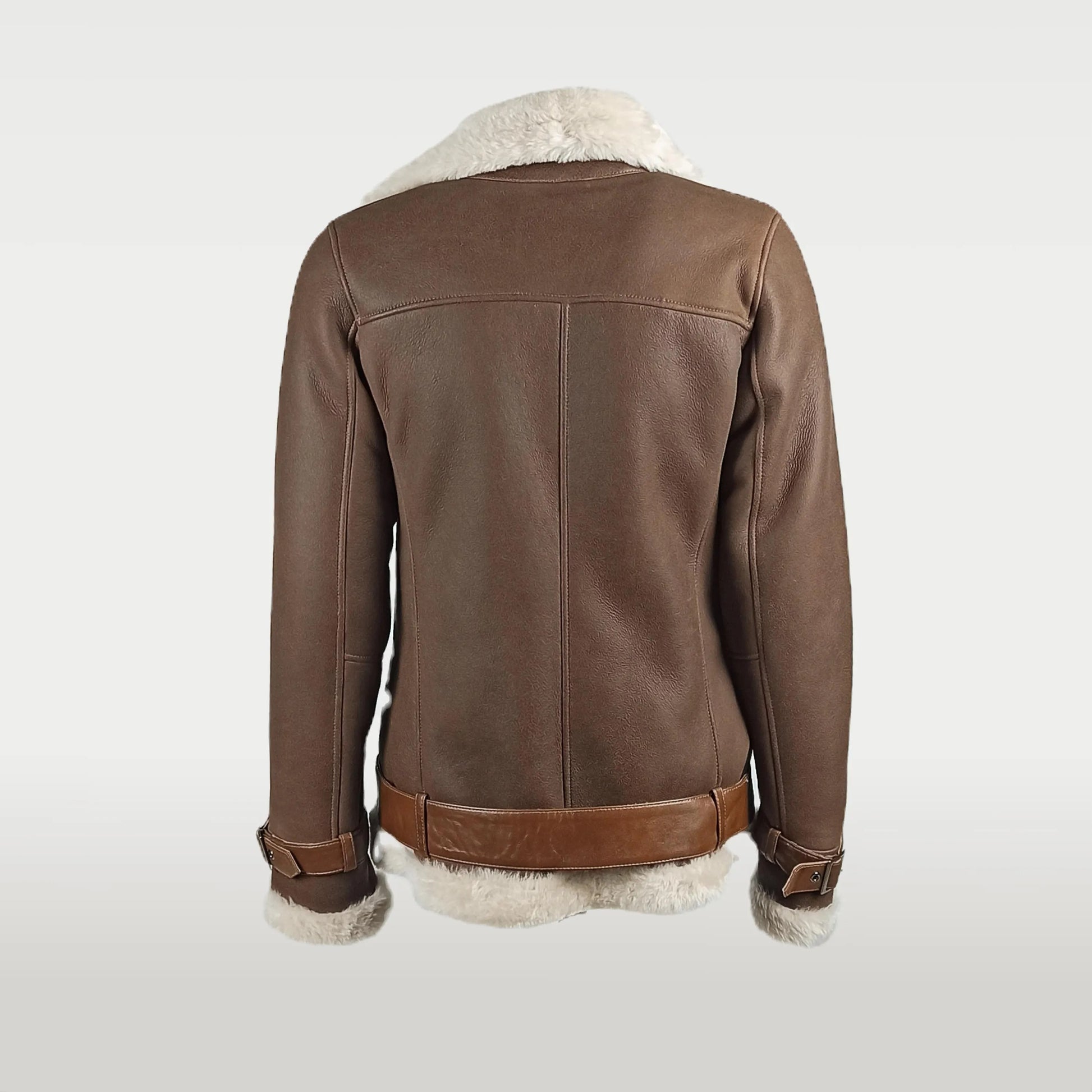 Brown leather jacket with white fur lining on a light gray background