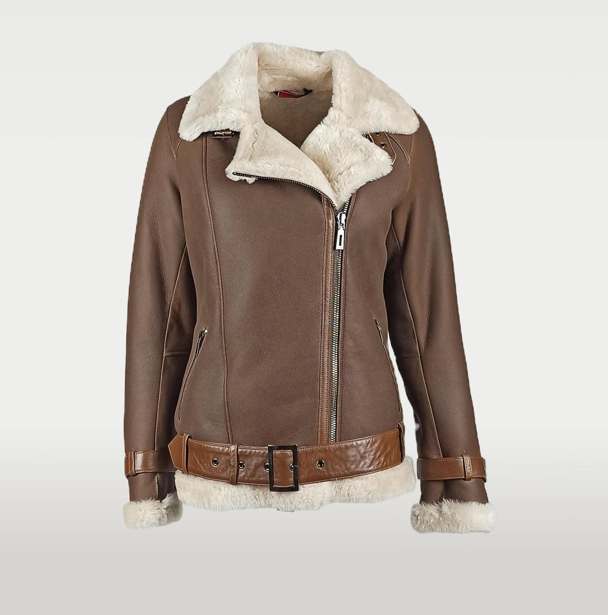 Brown leather jacket with white fur lining on a light gray background