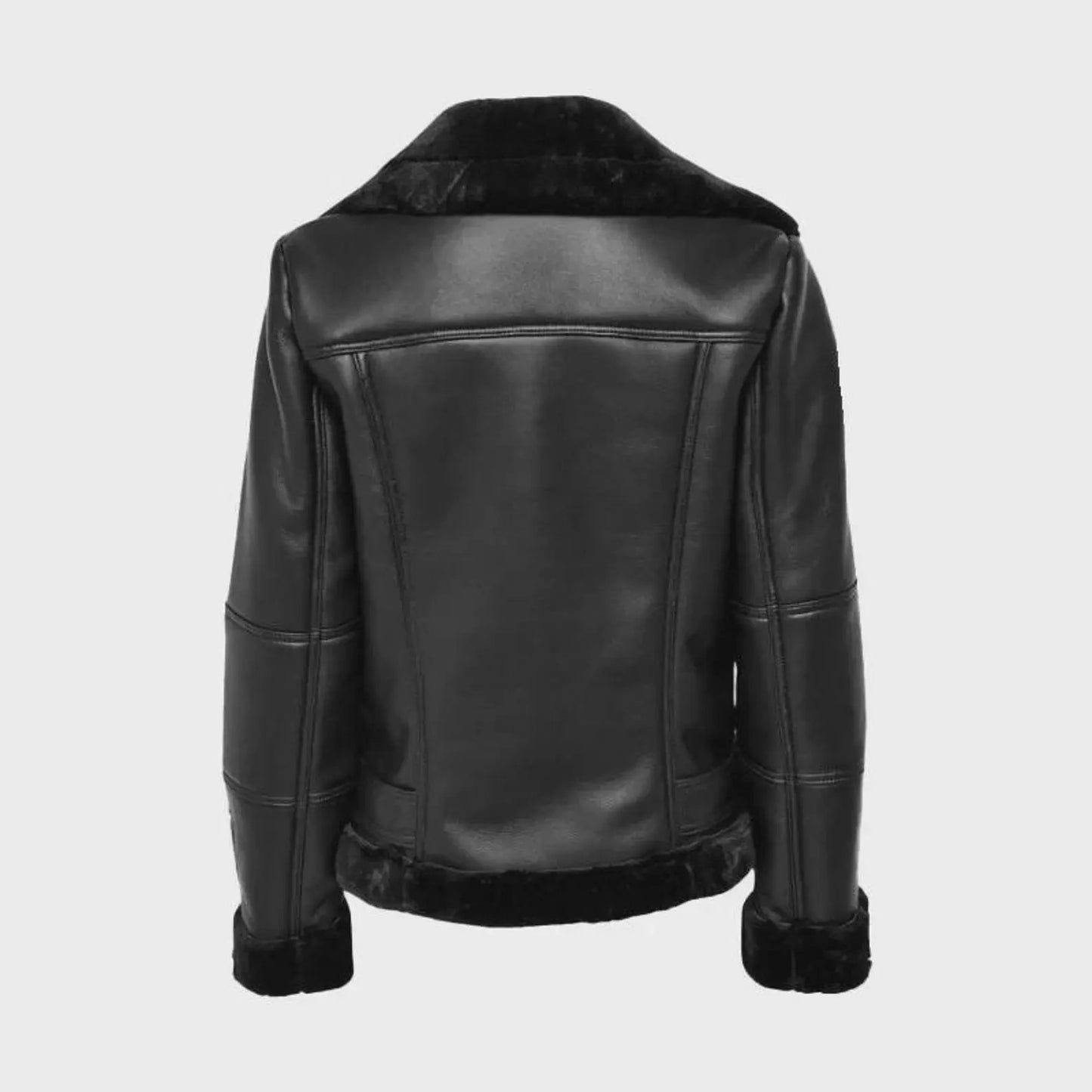 Black leather jacket with fur trim on a light gray background