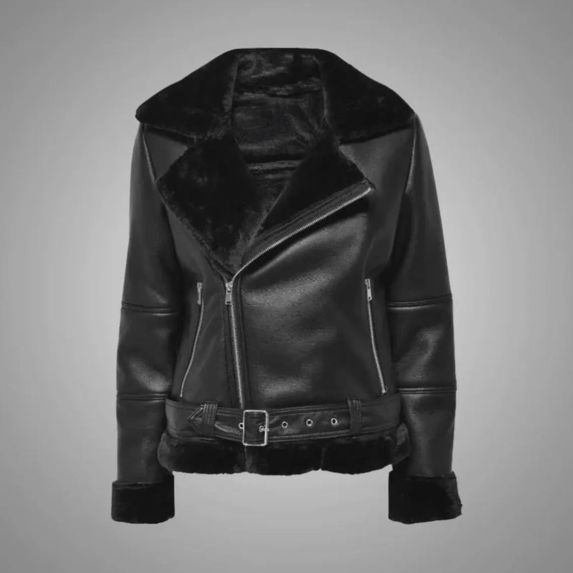 Black leather jacket with fur trim on a gray background
