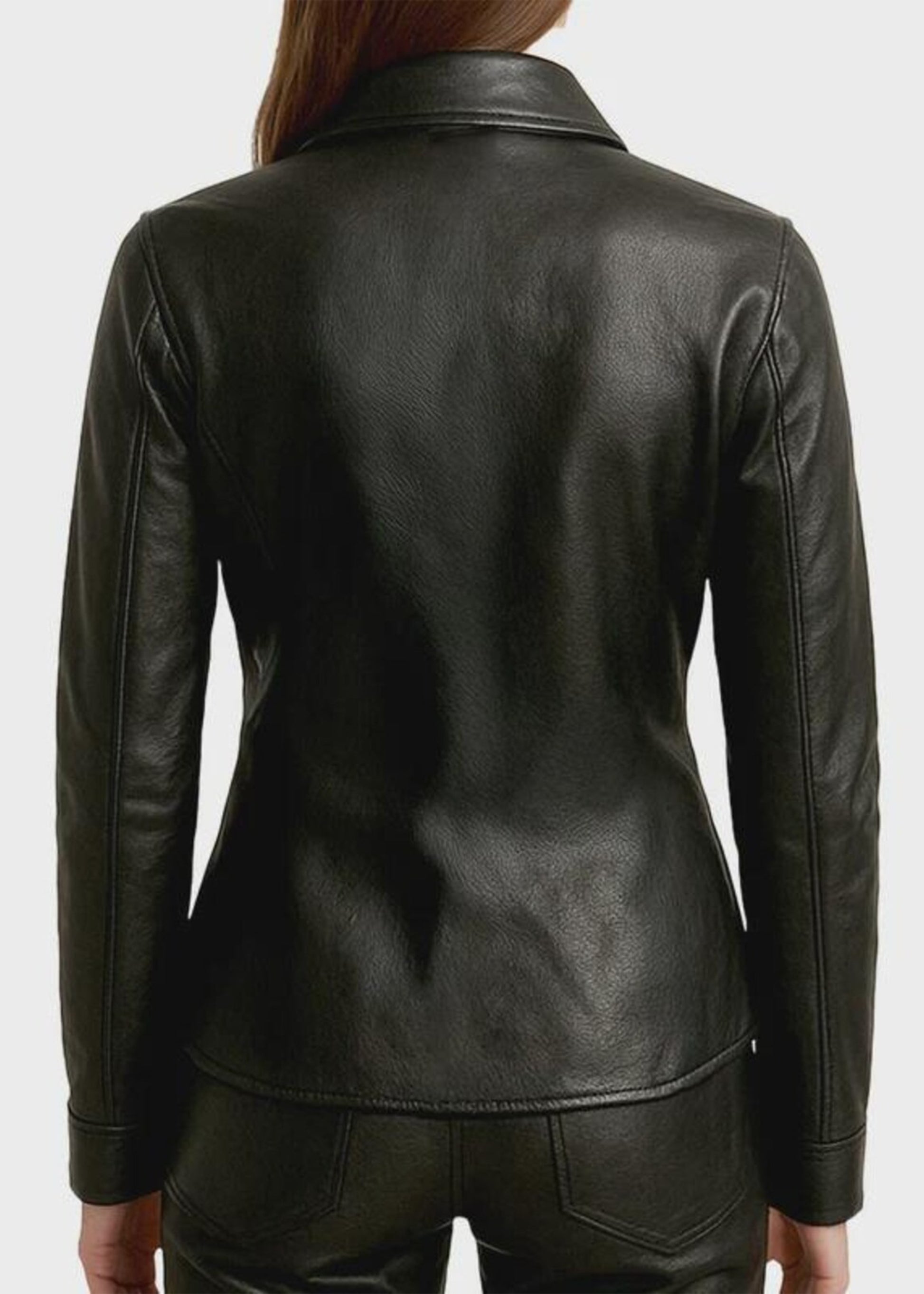 Black leather jacket worn by a person on a white background