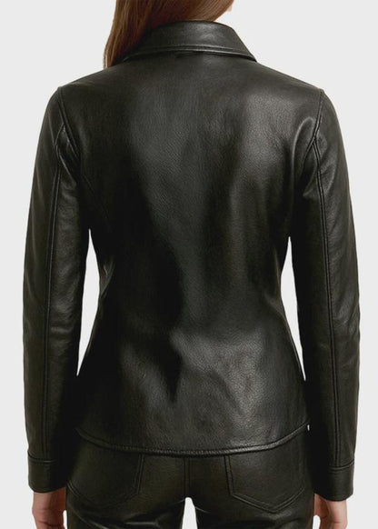 Black leather jacket worn by a person on a white background