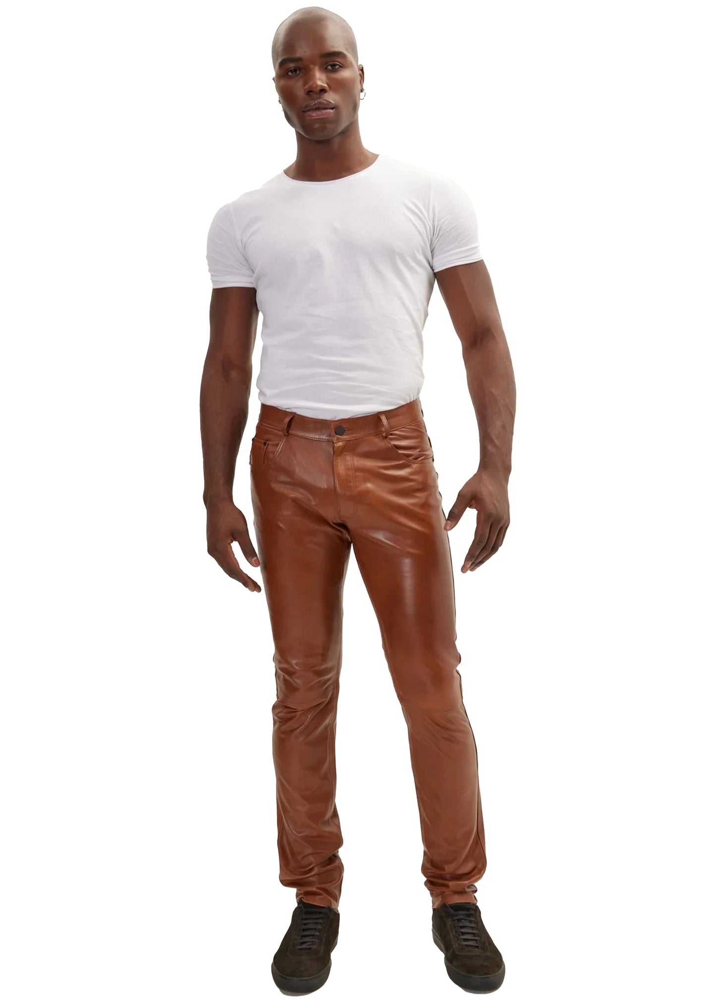 EENACRAFTS men's genuine cognac brown leather slim fit trousers, tailored stitching.
