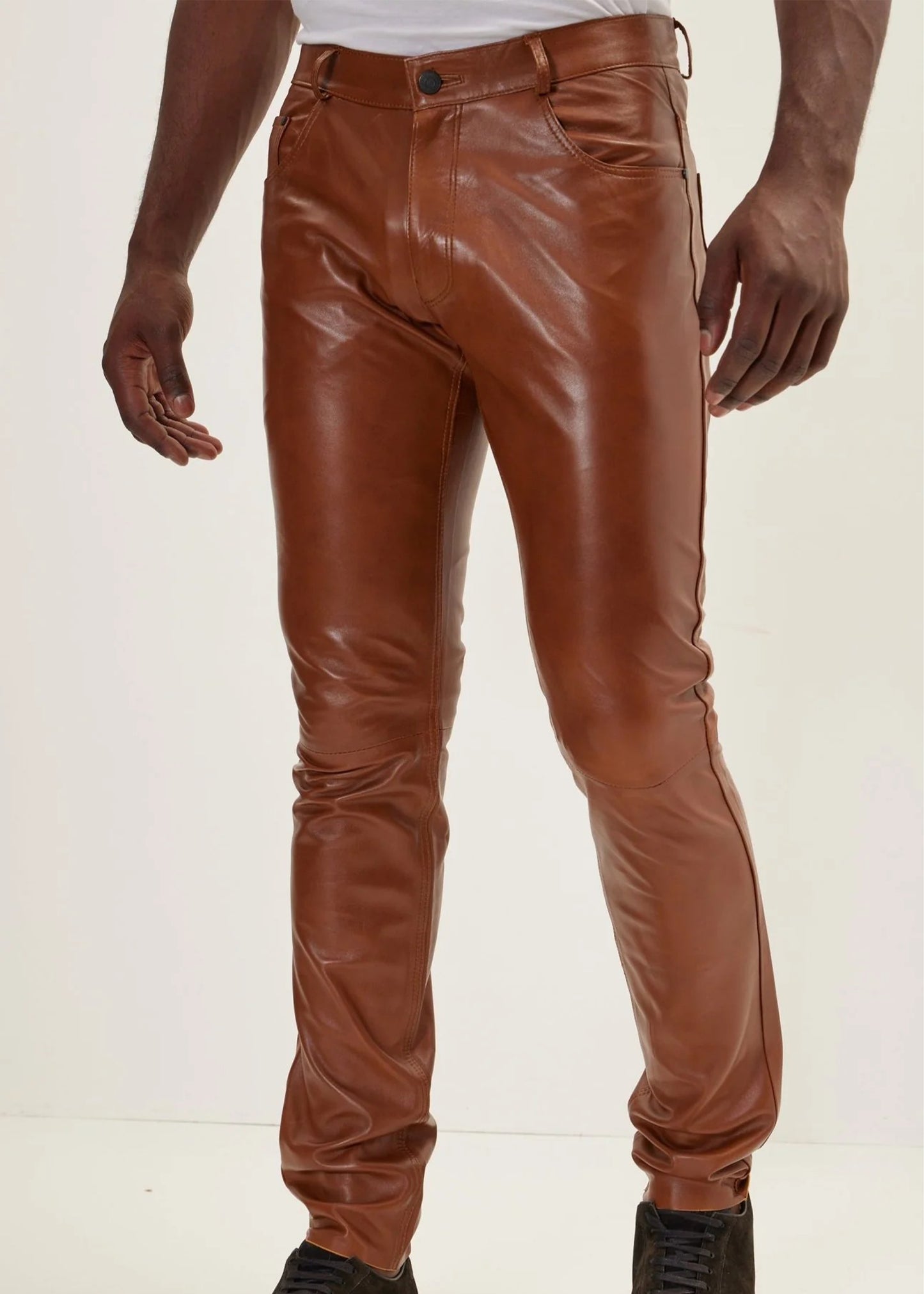 EENACRAFTS men's genuine cognac brown leather slim fit trousers, tailored stitching.